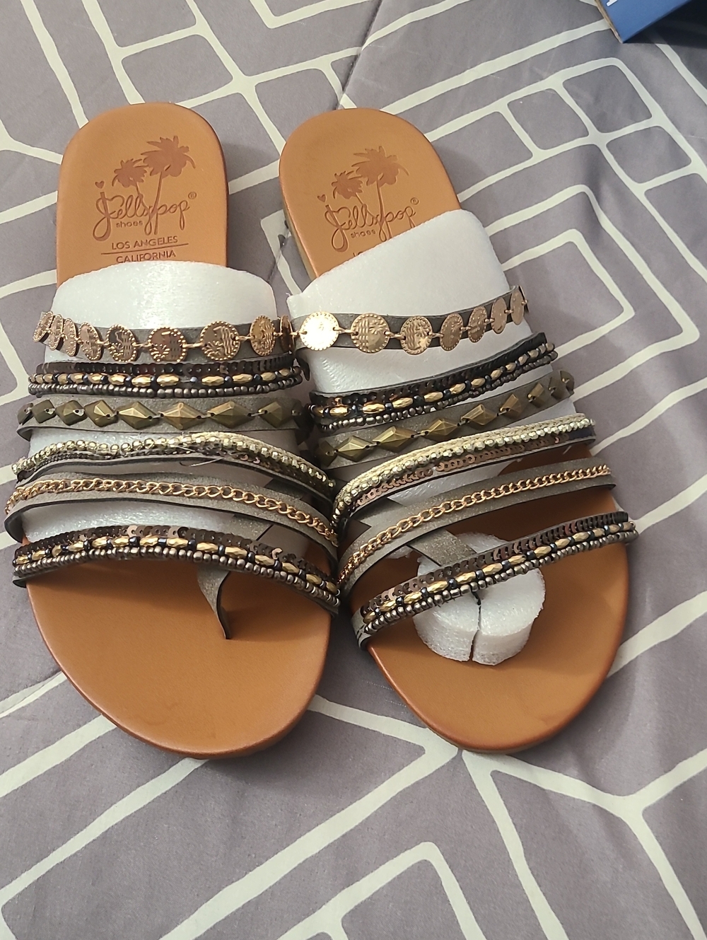 NIB Jellypop White, Grey, & Tan Embellished Slide Sandals